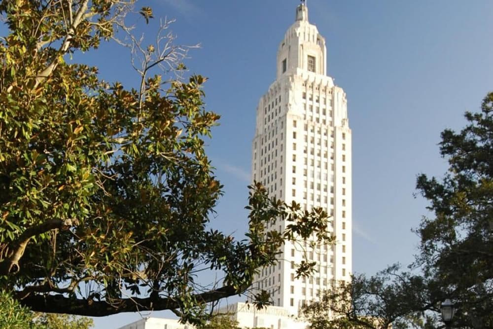 A tall white skyscraper rises against a clear blue sky, partially framed by green trees.