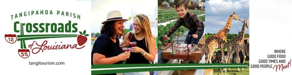 Promotional collage showcasing Tangipahoa Parish attractions, including local food and wildlife experiences.