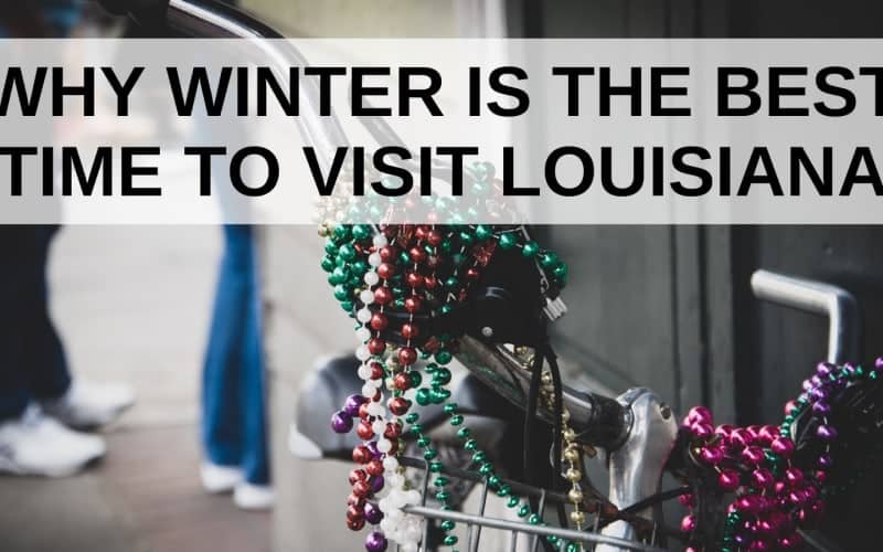 A bicycle adorned with colorful beads against a blurred background of people, highlighting a theme of visiting Louisiana in winter. A bicycle adorned with colorful beads against a blurred background of people, highlighting a theme of visiting Louisiana in winter.