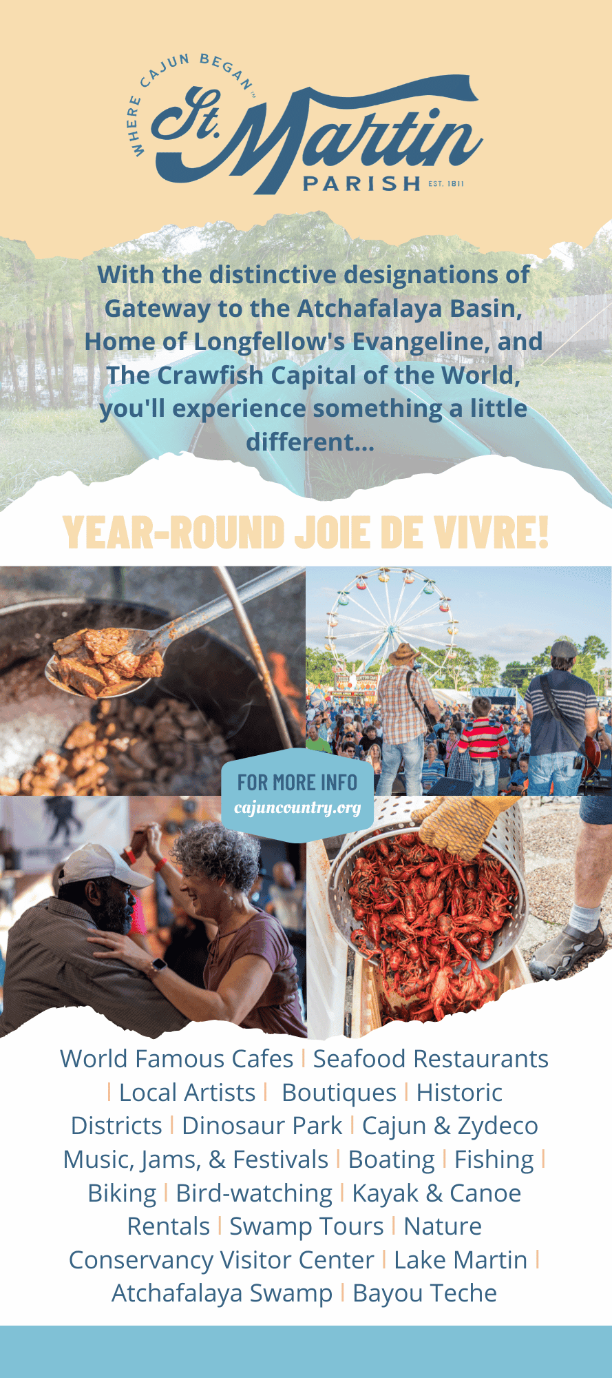 Promotional graphic for St. Martin Parish highlighting local attractions and cultural experiences.