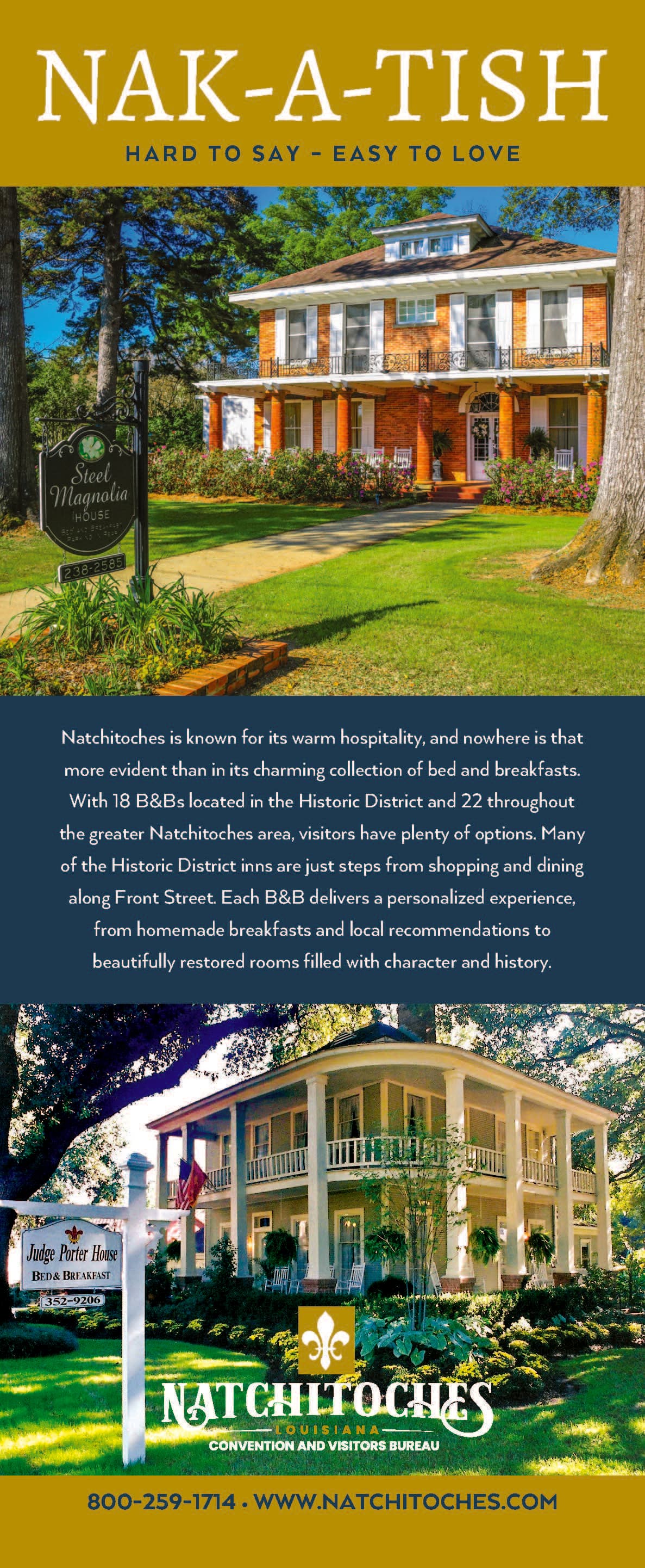 A picturesque advertisement for Natchitoches, showcasing historic bed and breakfasts amid lush landscapes.