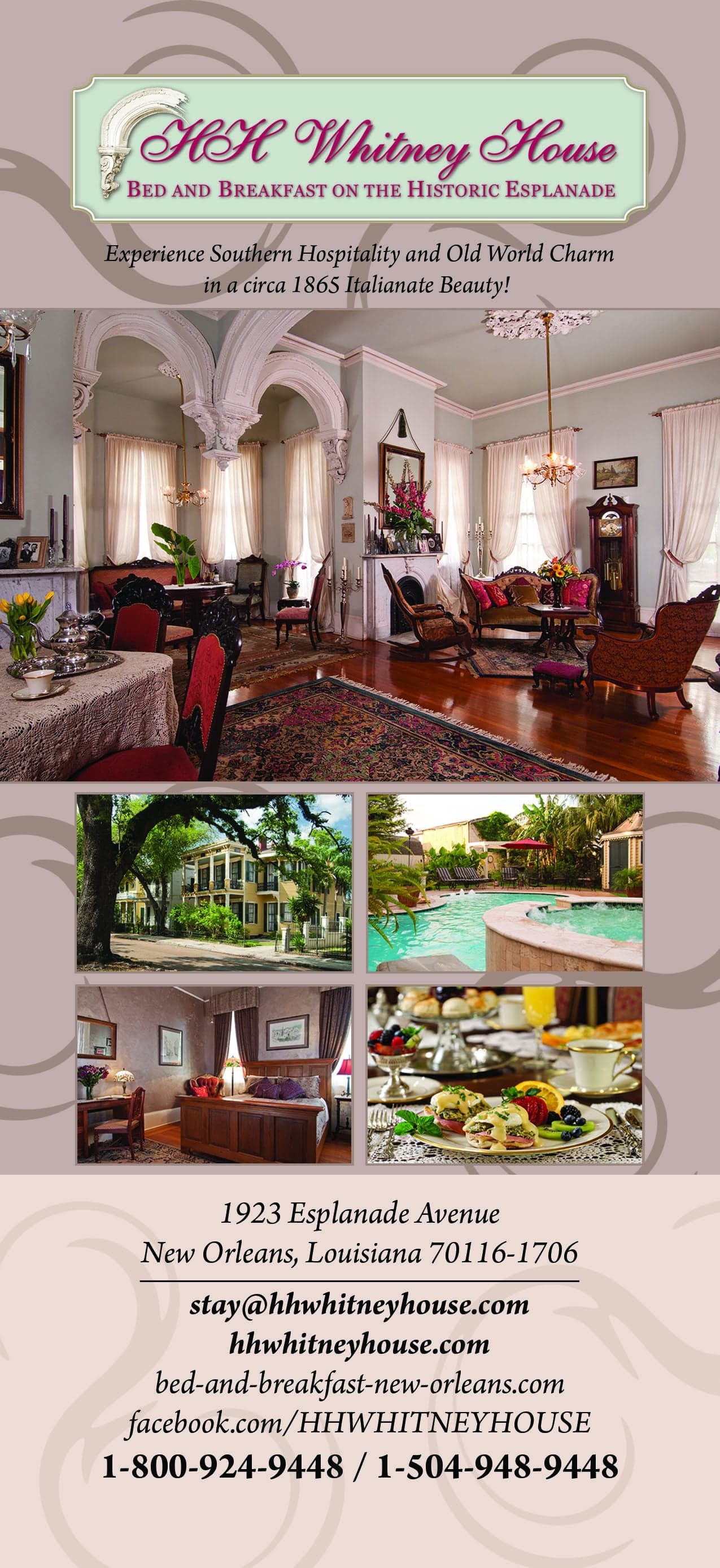 An elegant promotional flyer for HH Whitney House Bed and Breakfast, showcasing its historic charm and accommodations in New Orleans.