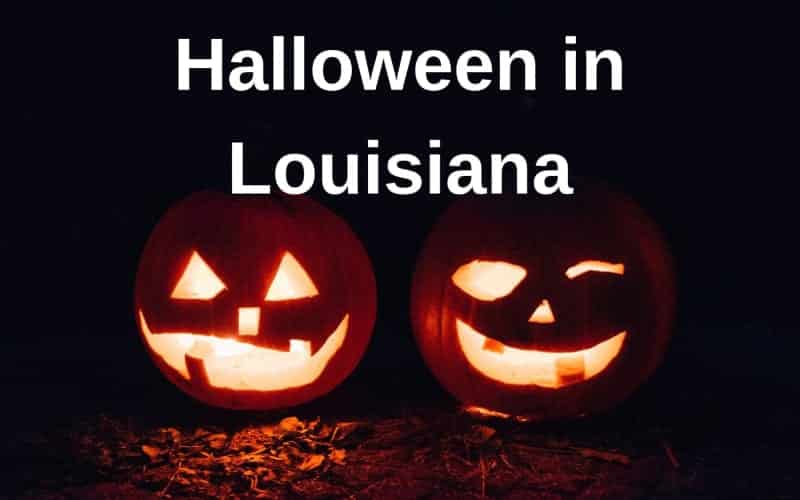 Two lit Halloween jack-o'-lanterns side by side with the text "Halloween in Louisiana" above.