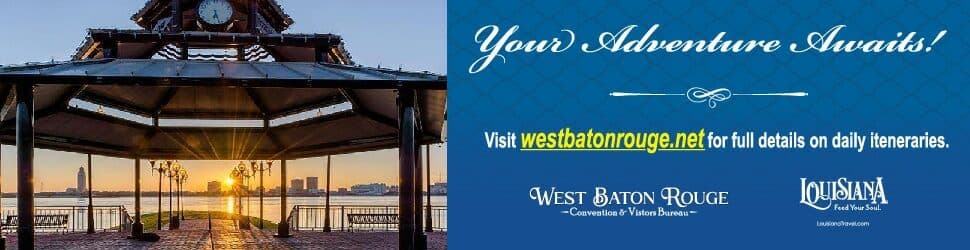 Sunrise view of a waterfront gazebo with promotional text for West Baton Rouge tourism.