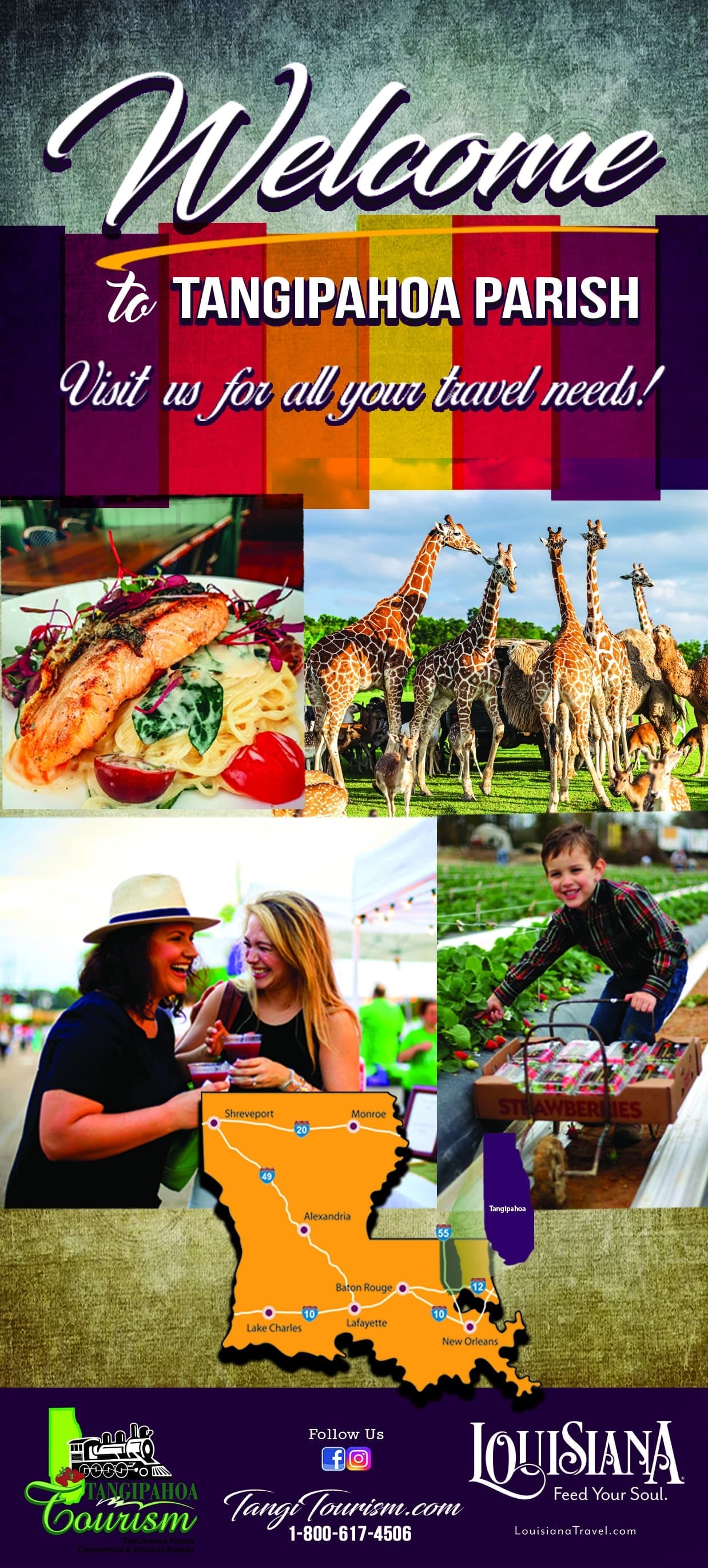 Welcome banner for Tangipahoa Parish showcasing local attractions, food, and activities.