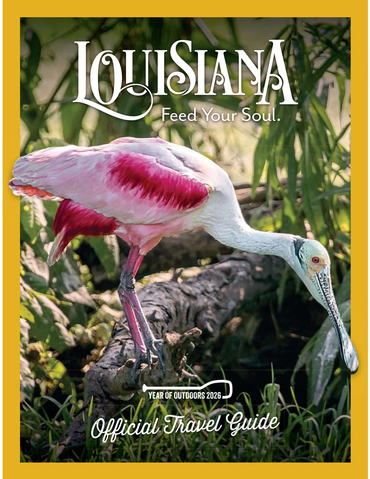 Cover of the Louisiana travel guide featuring a pink bird standing near a log among greenery.