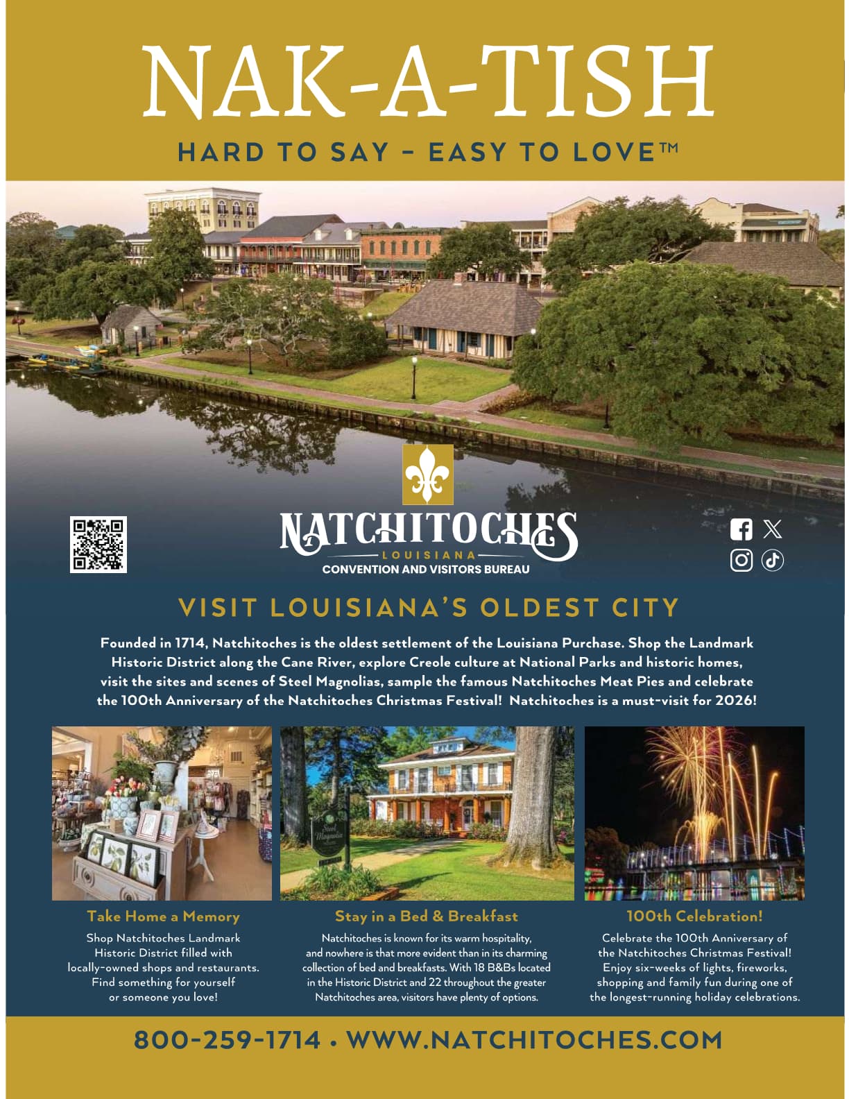 Promotional graphic for Natchitoches, Louisiana, highlighting its historic charm and upcoming events.