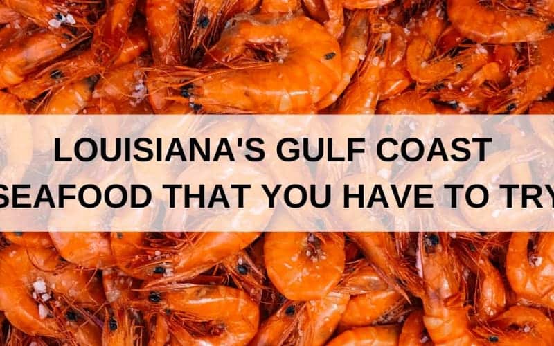 A vibrant pile of cooked shrimp with a text overlay about Louisiana's Gulf Coast seafood. A vibrant pile of cooked shrimp with a text overlay about Louisiana's Gulf Coast seafood.