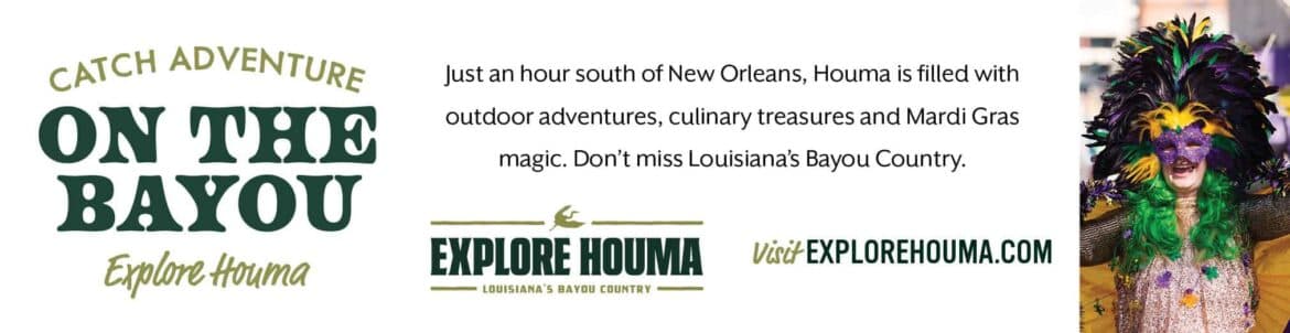 A promotional banner for Houma, Louisiana, highlighting its adventures, culinary delights, and Mardi Gras festivities.