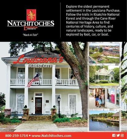 Promotional image highlighting Natchitoches, Louisiana, as the oldest permanent settlement with attractions for exploration by foot, car, or boat.
