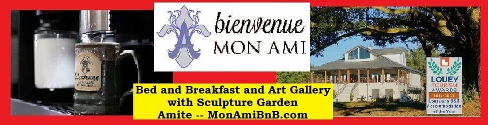 A promotional banner for Bienvenue Mon Ami, a bed and breakfast and art gallery featuring a sculpture garden.