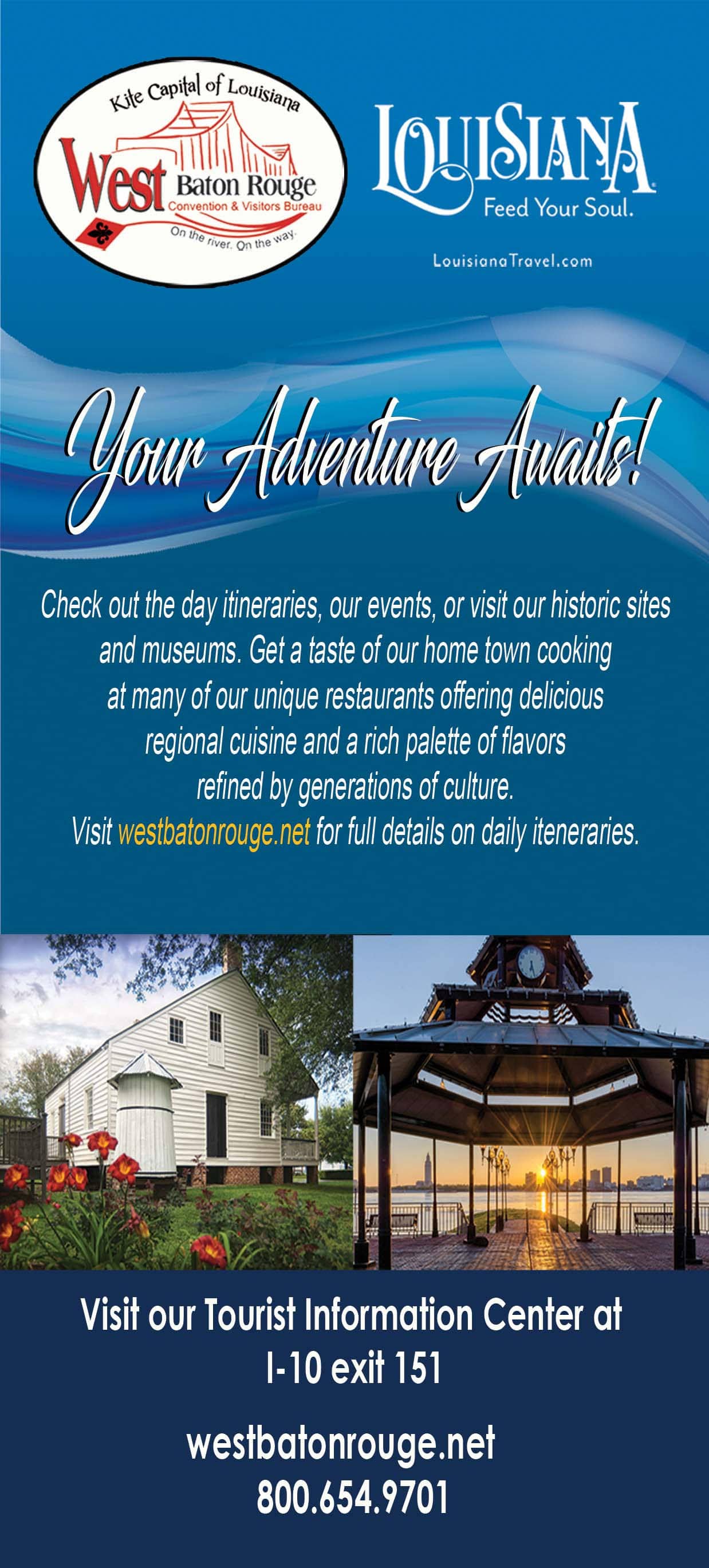 Promotional image for West Baton Rouge tourism featuring event details and local attractions.