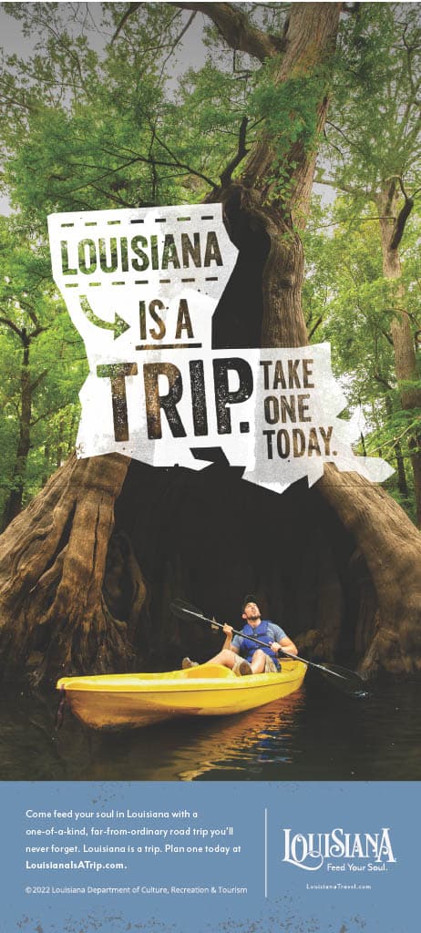 A person kayaking through lush trees in Louisiana with a promotional text about planning a unique trip.