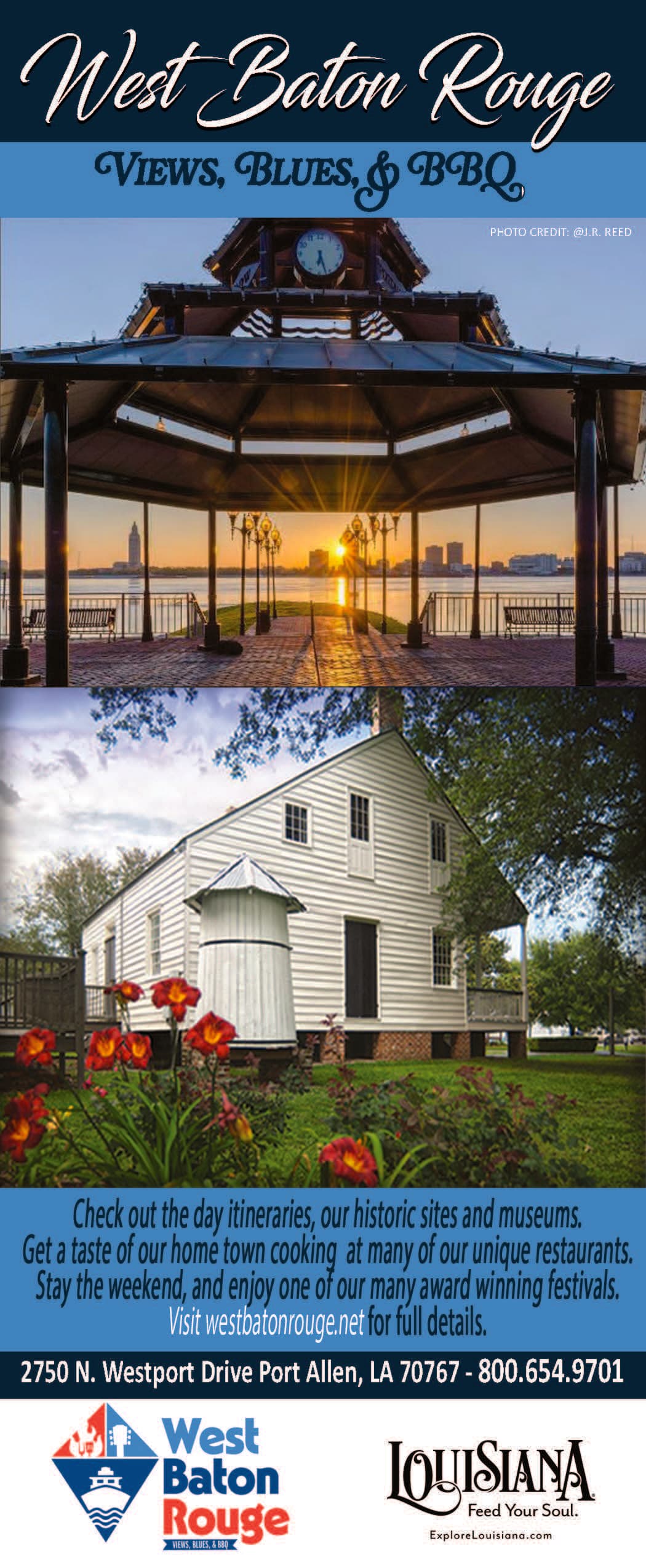 Promotional flyer for West Baton Rouge highlighting local attractions, dining, and festivals.