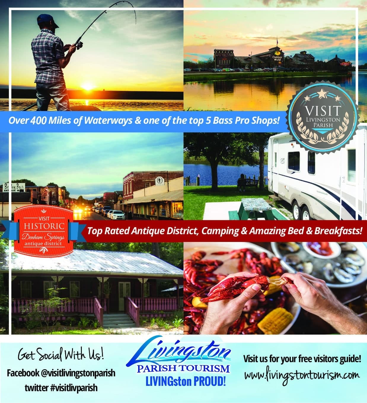 Promotional collage for Livingston Parish highlighting fishing, antiques, camping, and local cuisine.