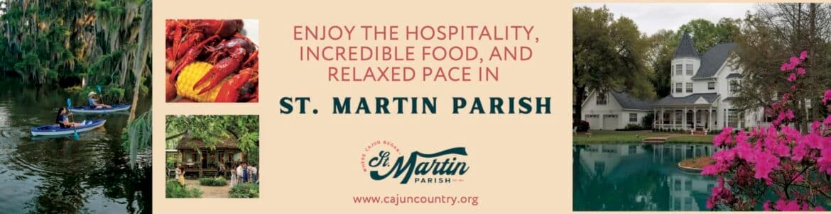 Promotional image highlighting St. Martin Parish's hospitality, cuisine, and scenic beauty.