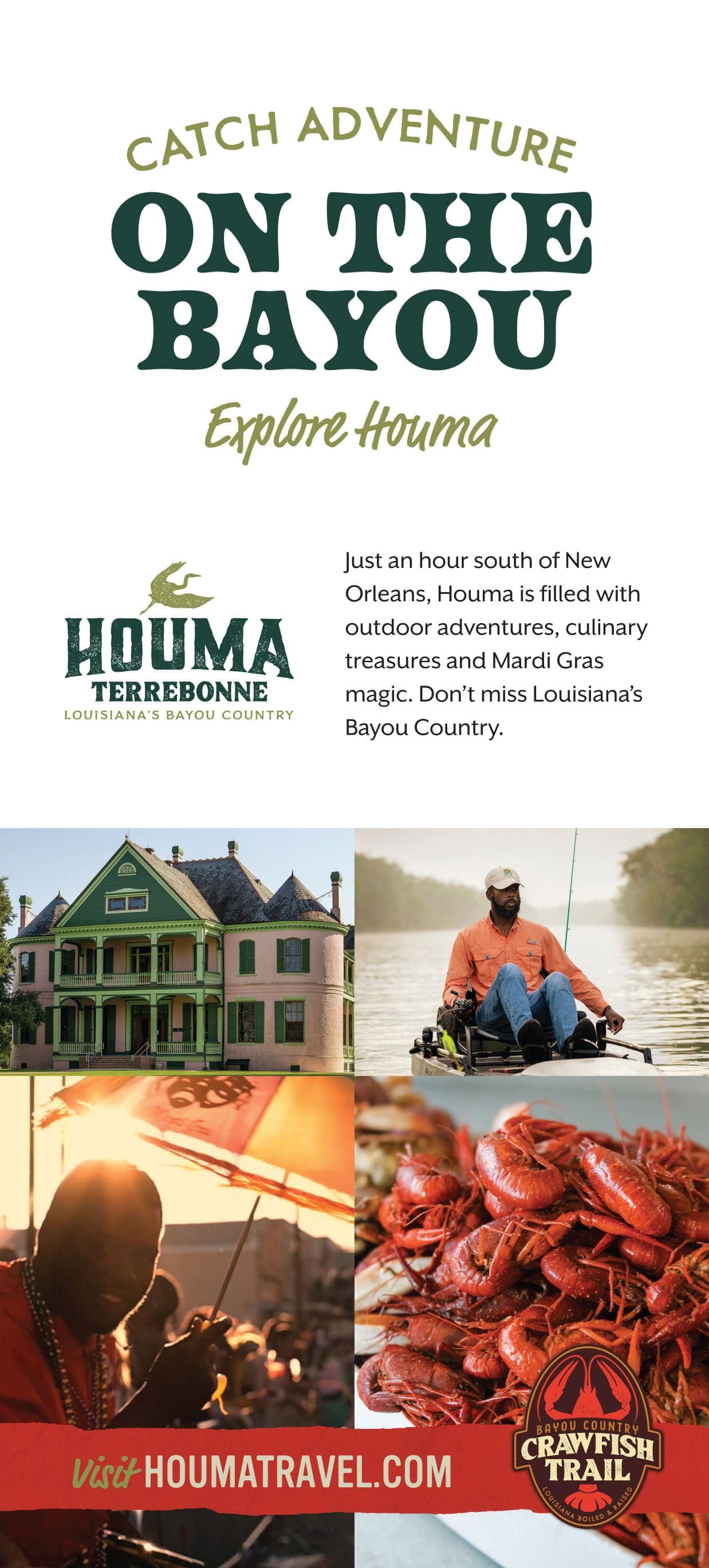Promotional graphic highlighting outdoor adventures and culinary experiences in Houma, Louisiana.
