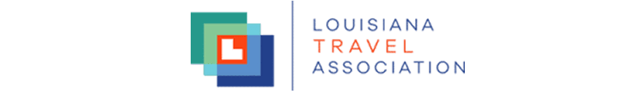 Logo of the Louisiana Travel Association featuring stylized text and colorful geometric shapes.