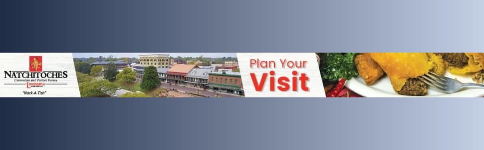 Banner promoting Natchitoches, Louisiana, featuring a cityscape and local cuisine.