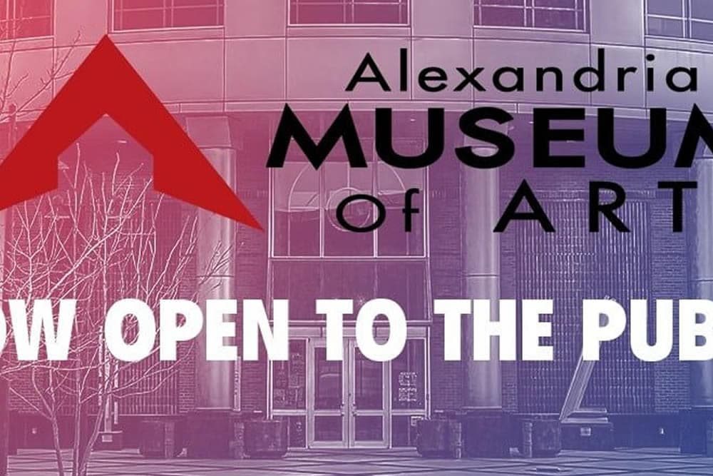 Sign announcing that the Alexandria Museum of Art is now open to the public.