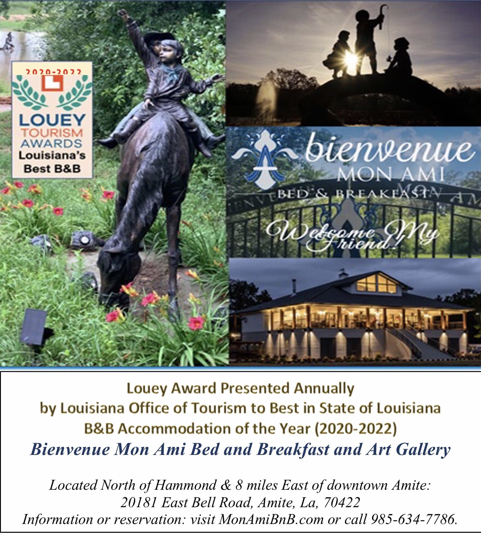 A collage promoting Bienvenue Mon Ami Bed and Breakfast, featuring award highlights, a welcoming sign, and images of the property.
